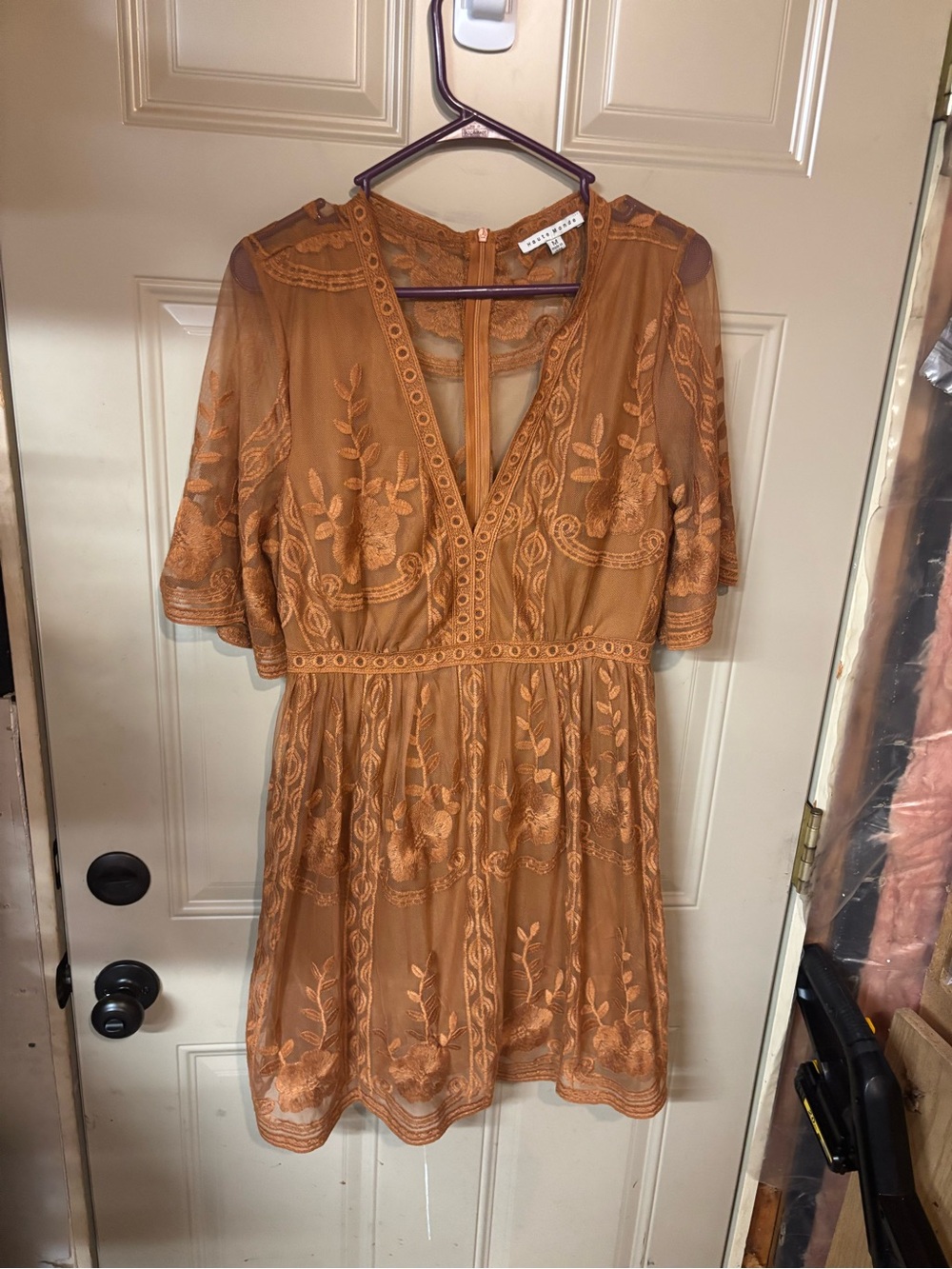 Haute Monde Embroidered Mini Dress in Rust Orange b166